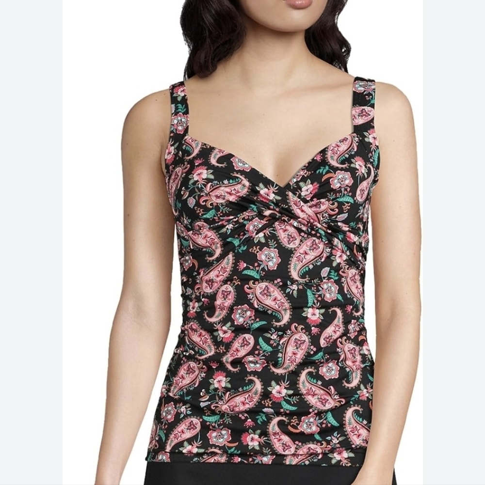 ​NWT Lands' End Women's Faux Wrap Tankini Top Paisley Print Black Size 12